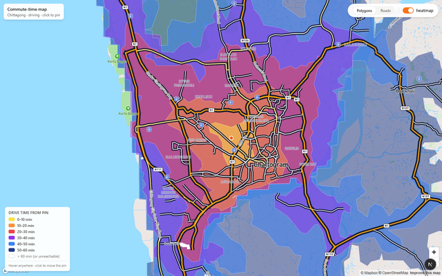 Commute-time map of Chittagong with drive-time isochrone bands from yellow (0–10 min) to navy (50–60 min) over the city