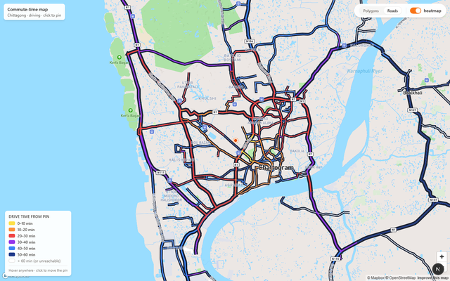 Roads mode: Chittagong's road network coloured by drive time from the pin instead of filled polygons