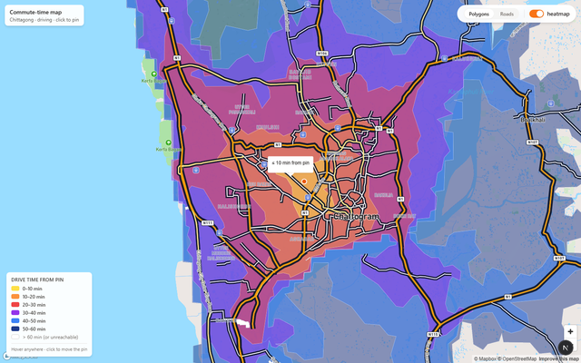 Hover tooltip on the commute map showing a road name and its drive time from the pin