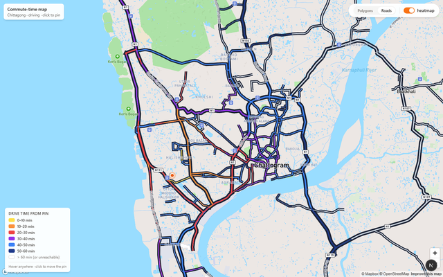Road hierarchy styling with amber motorways and trunk roads and dark casings under the heatmap