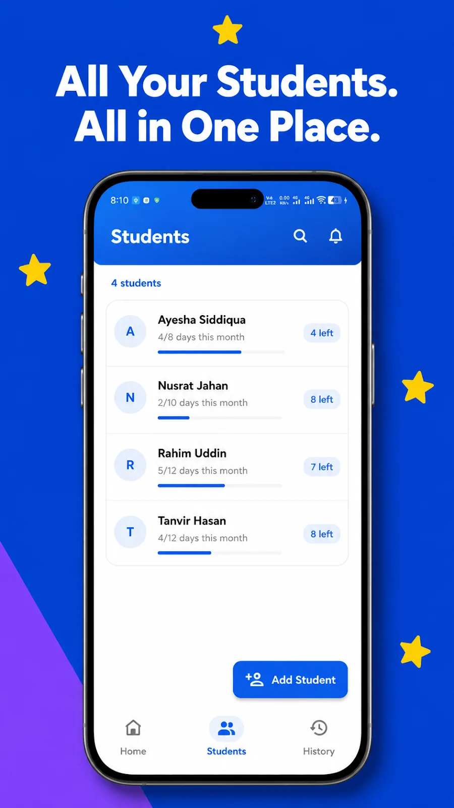 Students screen in Tuition Tracker: Attendance listing four students with days completed this month and days left for each